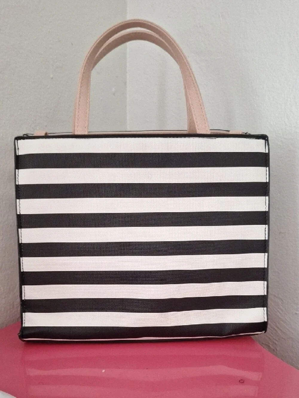 Christian Siriano Striped Black & White Tote with Blush Handles 9